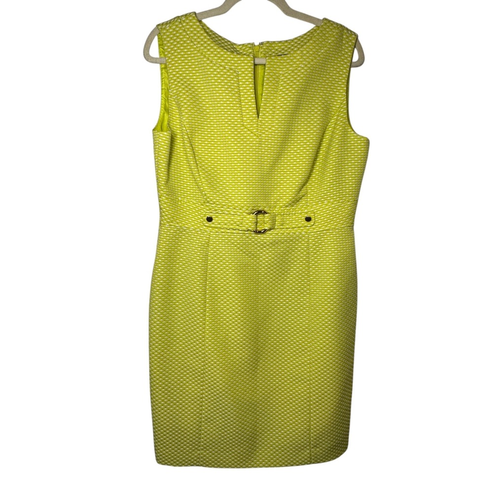 Tahari Yellow Green Textured Sheath Dress Womens 12P Petite Belted Chartreuse